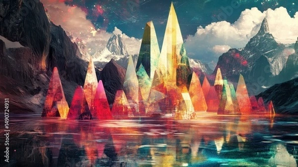 Fototapeta Colorful abstract landscape with geometric shapes reflected in water, set against a backdrop of mountains and a cloudy sky. Generative AI.