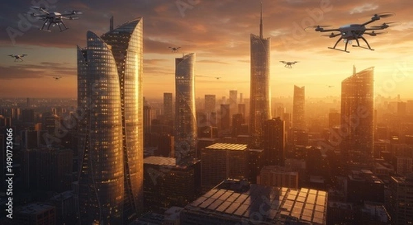 Obraz Sunset Metropolis: Drones over futuristic cityscape