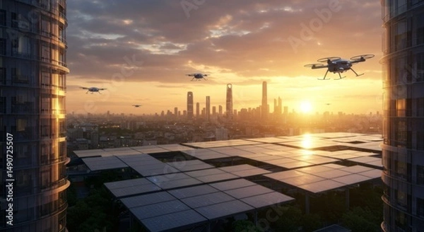 Obraz Futuristic Cityscape at Sunset with Drones