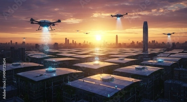Obraz Futuristic Cityscape at Sunset with Drones