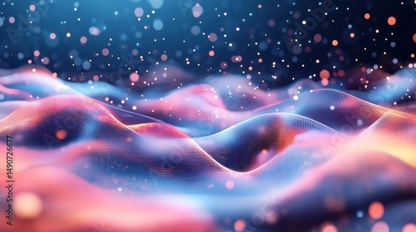 Obraz Abstract flowing digital landscape with glowing particles on a dark blue background. Represents technology, science, and futuristic concepts with a dynamic and ethereal feel.