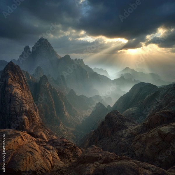 Obraz The mountains are covered in fog and the sun is shining through the clouds