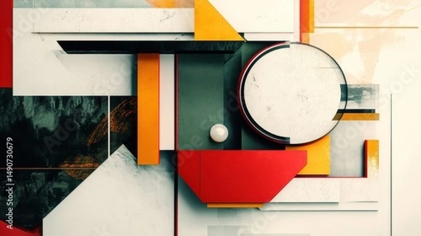 Fototapeta Abstract geometric composition featuring circles, triangles, and rectangles in red, yellow, black, and white tones, creating a modern and visually engaging design.
