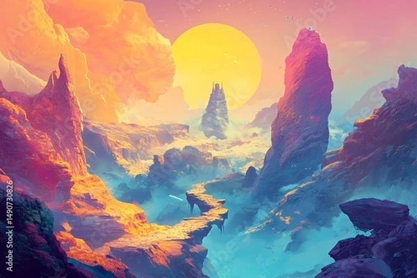 Fototapeta Fantasy landscape with rocky mountains, orange sky, and a large sun. A stone path leads through the valley, with a tower on a distant peak. Dreamlike scenery with vibrant colors.