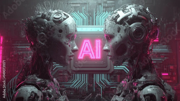 Obraz Two robots are facing each other with a glowing sign that says AI