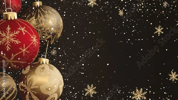 Fototapeta Festive holiday background with red, gold, and brown Christmas ornaments with snowflake patterns and golden snowflake decorations on a dark backdrop with snow.