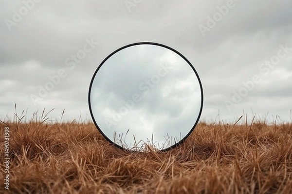 Fototapeta A round mirror in a field of dry grass, reflecting the cloudy sky above