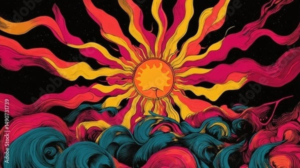 Fototapeta Illustration of a sun with wavy rays and ocean waves in a psychedelic style against a dark background with stars, creating a surreal and dreamy atmosphere.