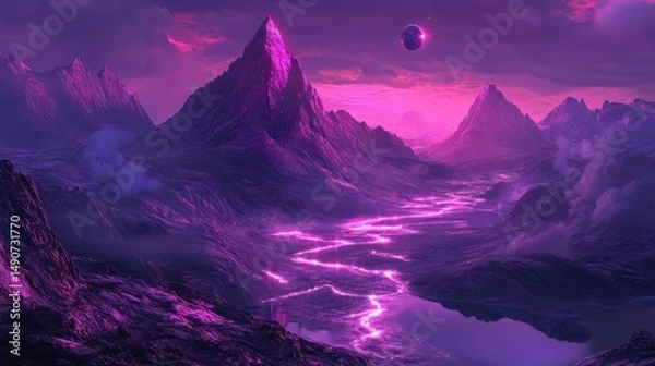 Fototapeta Purple landscape with mountains under a cloudy sky and a river of light leading to a lake, with a planet in the sky. Fantasy concept, background for sci fi or fantasy genre.