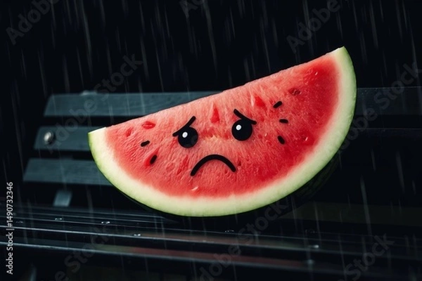 Fototapeta A sad slice of watermelon on a bench under the rain