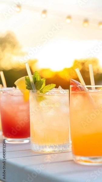 Obraz Refreshing colorful cocktails with citrus and mint served in glasses with straws on an outdoor table during a golden sunset.

