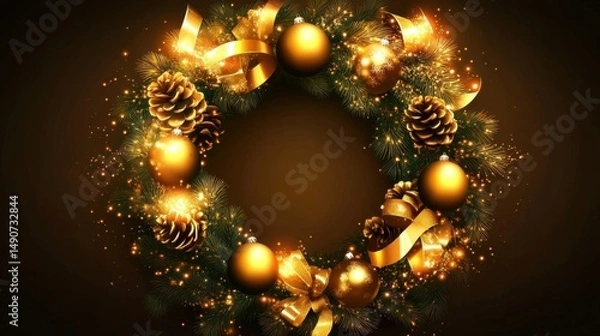 Fototapeta Festive Christmas wreath with golden ornaments, pine cones, and sparkling lights on a dark background. Holiday decoration with elegant ribbon and copy space.