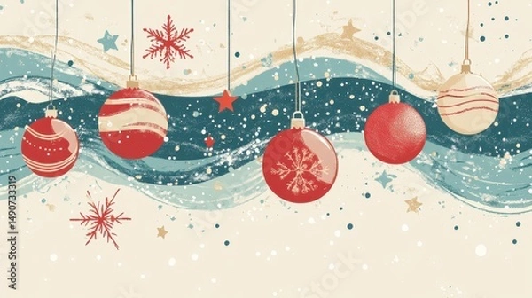 Fototapeta Christmas illustration featuring hanging baubles, snowflakes and stars in red, blue, and cream tones. Festive design with winter holiday elements on a textured background.