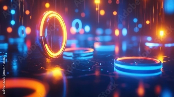 Fototapeta Abstract neon rings glowing with blue and orange lights on a dark surface. Futuristic technology concept with vibrant colors and dynamic lighting effects for modern designs.