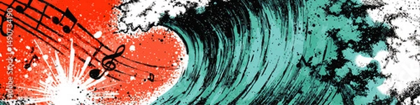 Fototapeta Vibrant Abstract Vector Illustration of Ocean Wave with Music Notes Splashing Creative Artistic Background for Surfing Music Events Festivals Posters and Album Covers