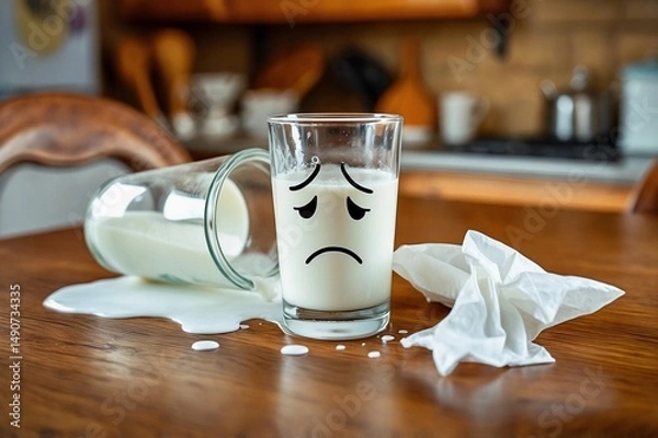 Fototapeta Glass of milk with a sad face next to a spilled glass on a wooden table