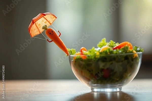 Fototapeta A happy carrot character escapes with a parachute from a fresh bowl of salad
