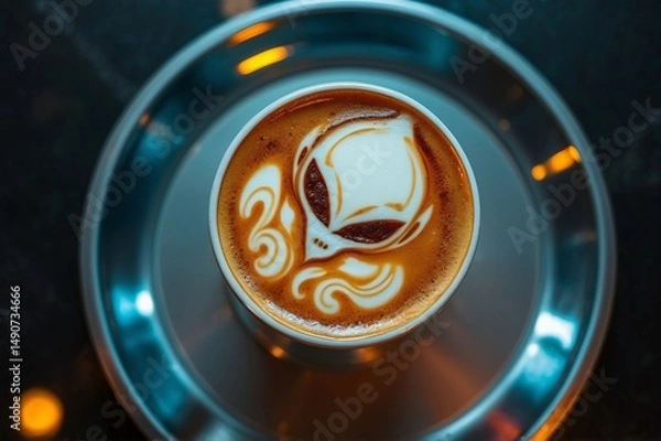 Fototapeta A cup of coffee with latte art depicting an alien face, placed on a reflective metallic tray