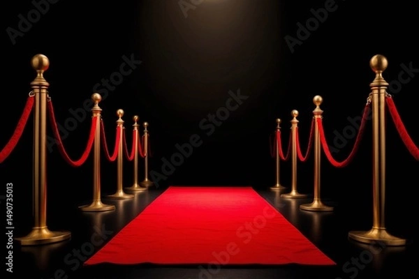 Fototapeta A red carpet with gold stanchions on a dark background