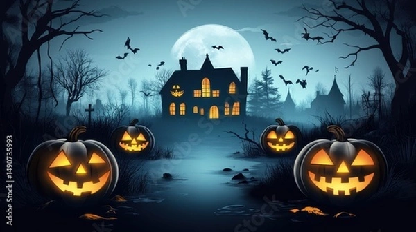 Fototapeta Halloween night scene with glowing jack o lanterns, spooky house, bats flying in front of a full moon, and bare trees creating a festive and eerie atmosphere.