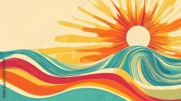 Fototapeta Colorful illustration of sun rising over ocean waves with retro style. Graphic art of sea landscape with bright sky and wavy water in orange, yellow, and blue tones.