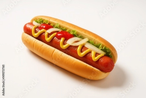 Fototapeta Hot Dog Delight: A tempting top-down view of a perfectly assembled hot dog. showcasing a delicious sausage nestled within a soft bun, topped with vibrant condiments.