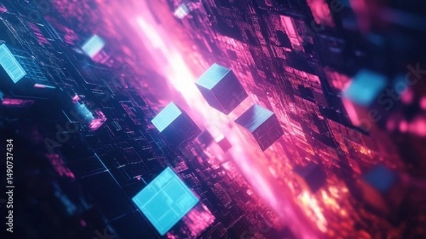 Fototapeta Abstract technology background with cubes and circuit patterns in blue and pink tones. Futuristic digital network concept with geometric shapes and neon lights.