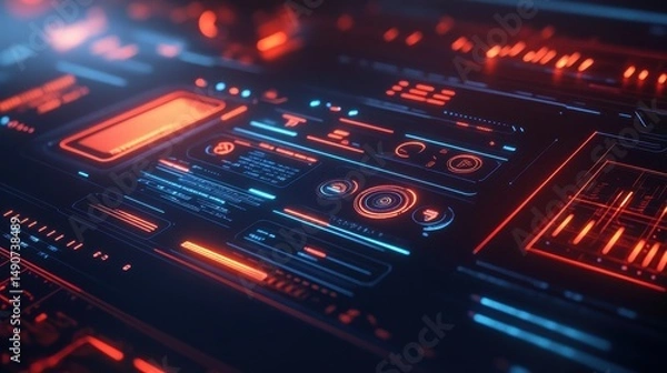 Obraz Futuristic interface with glowing red and blue elements, displaying data and charts. Concept for technology, data analysis, digital display, and modern user interface design.