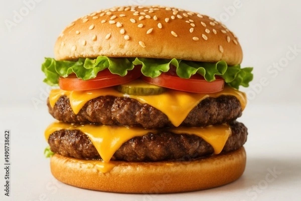 Fototapeta Double Cheeseburger with Lettuce and Pickles: A delicious double cheeseburger with two juicy beef patties, melted cheese, crisp lettuce, and tangy pickles, perfect for a satisfying meal. 