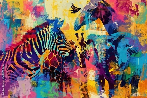 Fototapeta Vibrant Abstract Digital Painting of Colorful Animals and Figures Varient 3