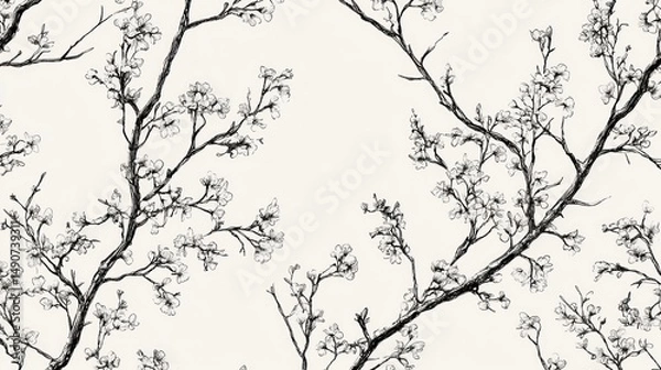 Obraz Elegant black and white cherry blossom branches pattern