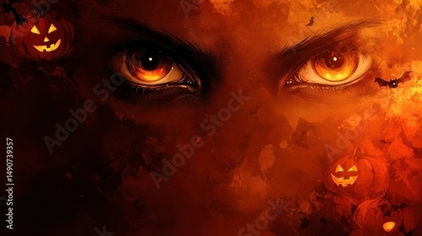 Fototapeta Halloween themed illustration with glowing eyes, bats, and jack o lanterns on an orange background. Festive, spooky design for holiday concepts and seasonal promotions.