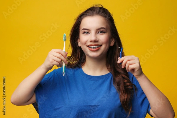 Fototapeta Cheerful teen girl with dental braces holds toothbrush and interdental brush. She wears blue t-shirt, stands on yellow background. Concept of oral hygiene, dental care, orthodontics, healthy lifestyle