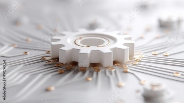 Fototapeta gear icon with circuit path in a white void, representing business technology efficiency and streamlined innovation