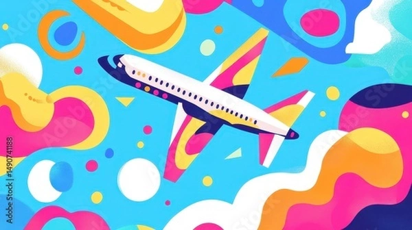 Fototapeta Vibrant illustration of an airplane in flight against a blue sky, surrounded by colorful abstract shapes, circles, and cloud like forms, creating a playful and dynamic travel theme.