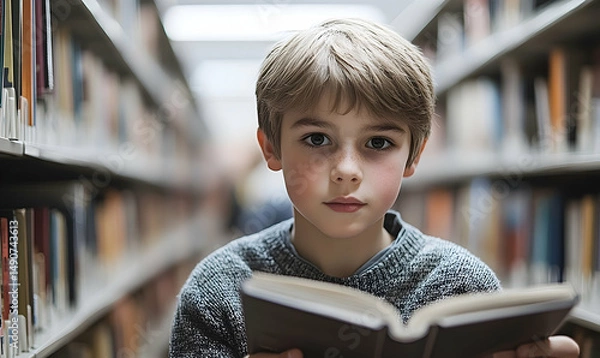 Fototapeta Young boy in library, holding open book, serious expression, surrounded by shelves of books, shallow depth of field
