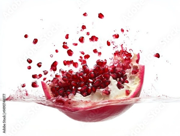 Fototapeta Pomegranate splash with floating seeds in water
