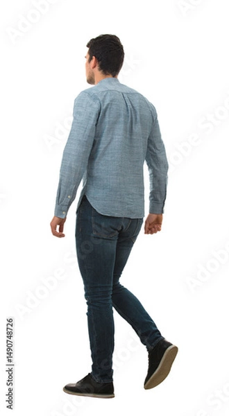 Fototapeta Full length rear view portrait of a young businessman walking isolated on transparent background