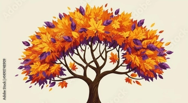 Fototapeta Autumnal Tree Illustration: Vibrant Leaves - Symbolizing change, growth, autumn, nature, and tranquility; an illustration of a stylized tree with orange and purple leaves against a beige background