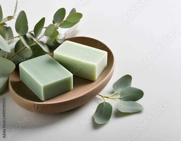 Fototapeta Handmade eucalyptus soaps with eucalyptus leaves  on white table with copy space..Generated image