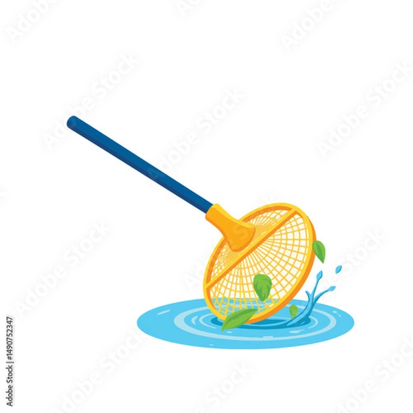 Obraz Pool cleaning net scooping leaves from water, summer maintenance