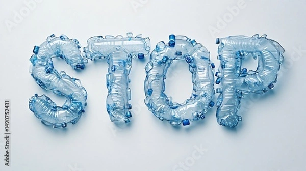 Fototapeta Creative environmental message stop made from recycled plastic bottles urban setting digital art minimalist aesthetic artistic perspective raising awareness