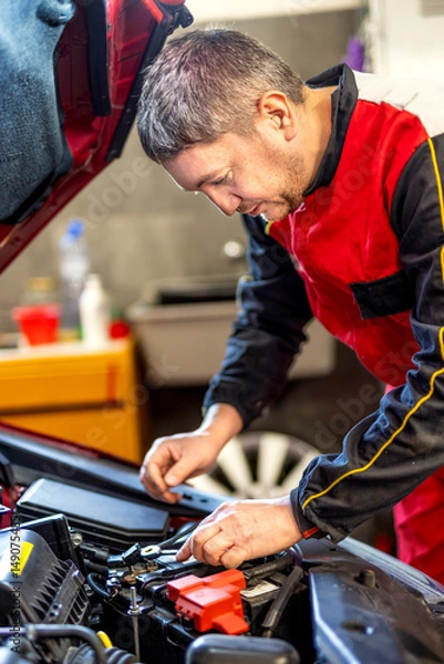 Fototapeta Technician checking dipstick for level oil in engine car in garage. Engine service check, oil dipstick detail in service. Engine problems, engine repair at a car repair shop