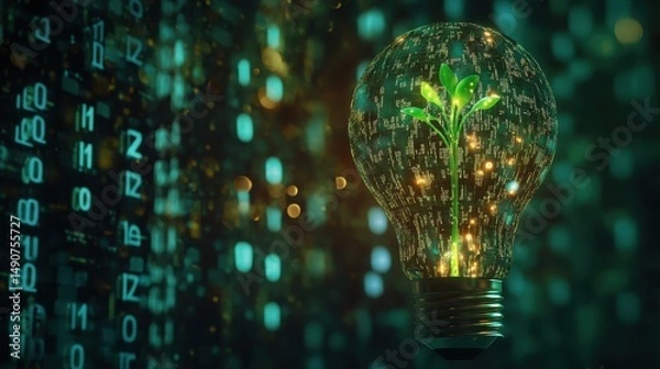 Fototapeta Green energy lightbulb with plant inside representing sustainable technology solutions and future innovation in business isolated on blurred background with numbers