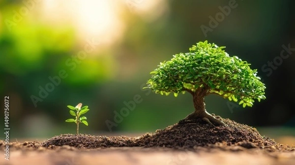 Obraz Conceptual image displaying the growth process featuring a small plant next to a fully grown tree symbolizing progress and environmental responsibility
