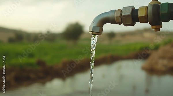 Obraz Water flows from a rustic faucet, showcasing clean water access in a lush green setting. A refreshing scene emphasizing nature's bounty and resourcefulness.