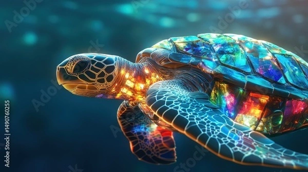 Fototapeta Colorful Sea Turtle Underwater Majestic Marine Animal Serenity Underwater Ocean Depths Tranquil Aquatic Life Conservation Ecosystem Awareness