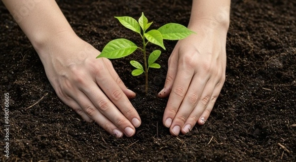 Fototapeta Planting a Seedling in Rich Soil Hands Nurturing New Growth Symbolizing Hope and Environmental Responsibility Isolated on Transparent Background Illustration
