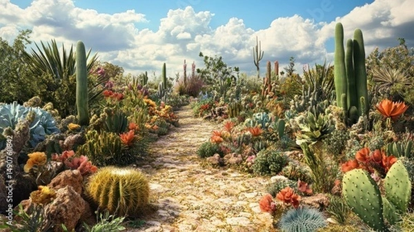 Fototapeta Desert Landscape with Cactus Flowers Blooming Path and Variety of Plants under Blue Sky and Fluffy Clouds in Daylight Scenery