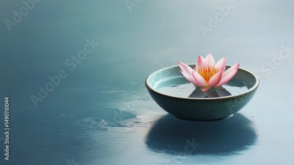 Fototapeta Pink Lotus Blossom Floating in Ceramic Bowl a Tranquil Spa Concept Representing Peace Serenity and Mindfulness Practice with Blurred Backdrop